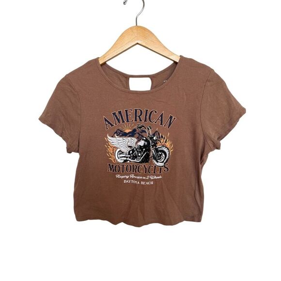Homegirl Society Women's Cropped Top Motorcycle Graphic Tee Size XL Brown - Picture 1 of 5